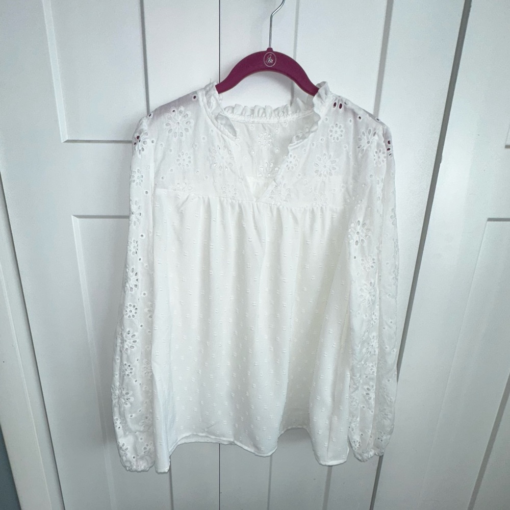 Women's White Eyelet and Polka Dot Long Sleeve Blouse - Large